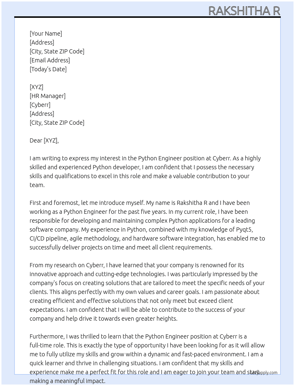 Python Engineer At  Cyberr Cover Letter