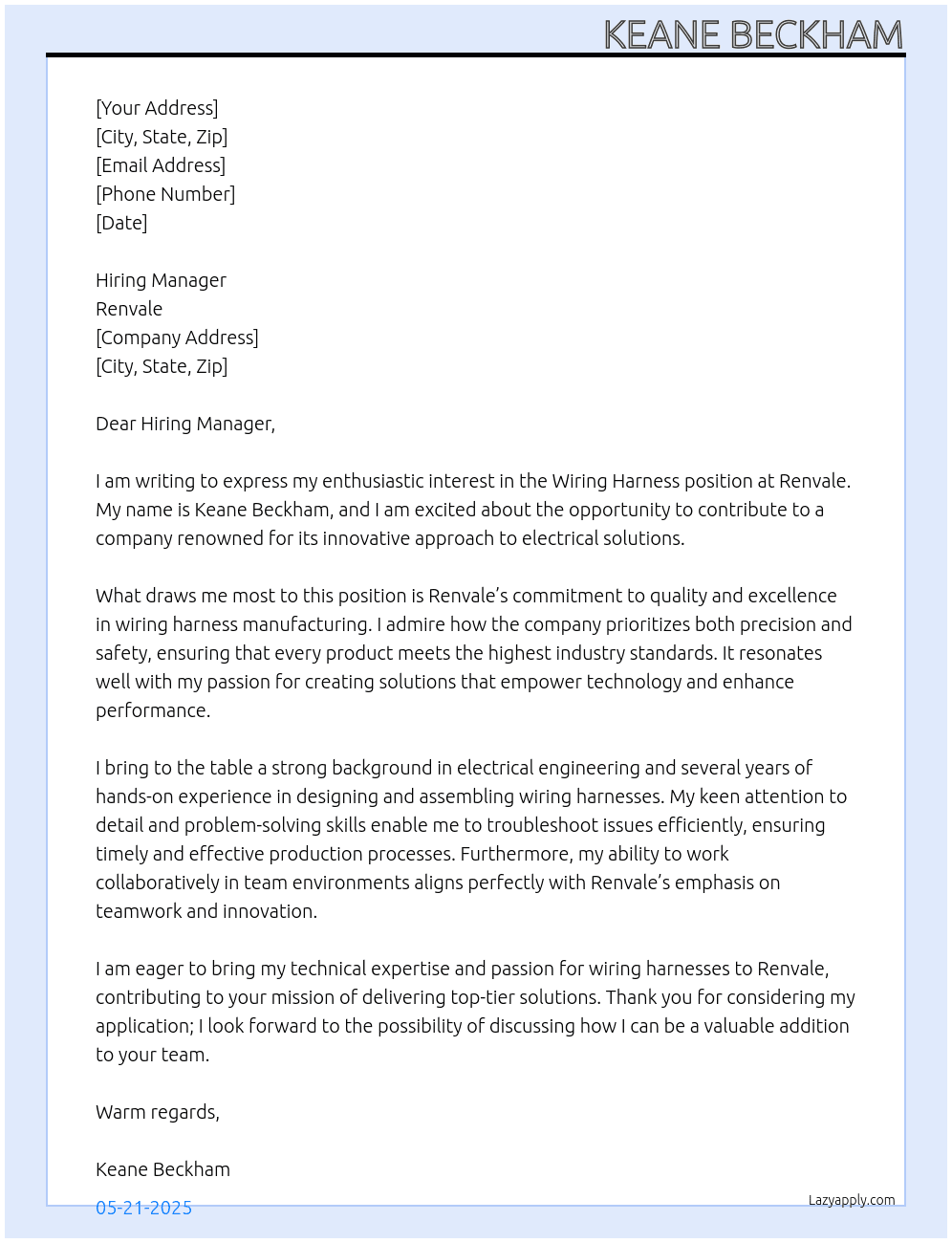 wiring harness At Renvale Cover Letter