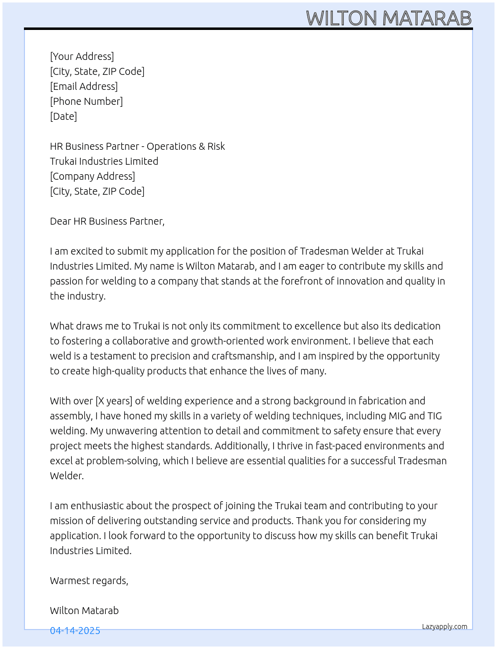 Tradsman Welder At Trukai Industries Limited Cover Letter
