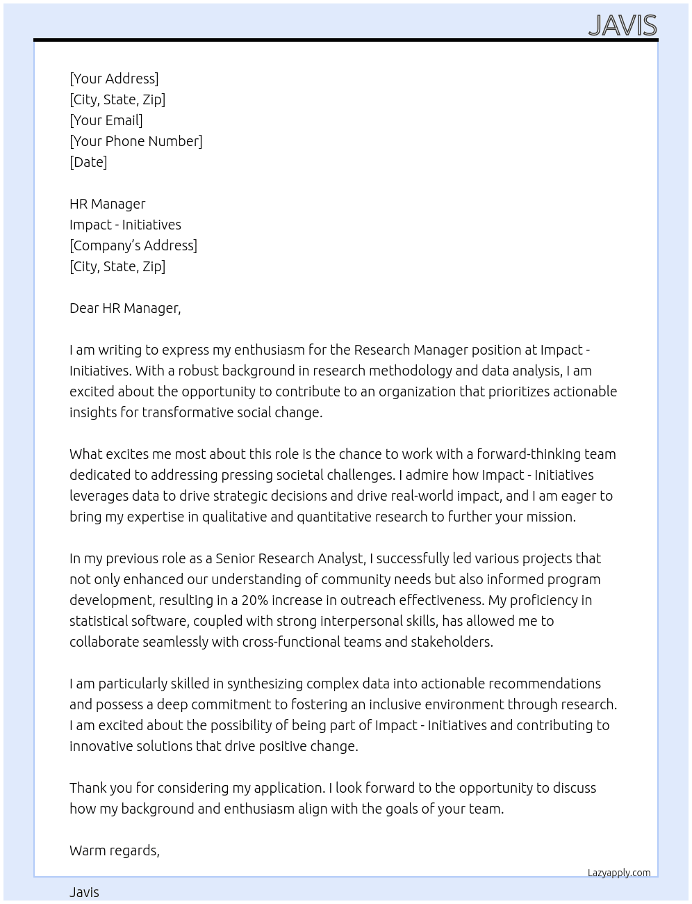 Research Manager  At Impact - Initiatives Cover Letter