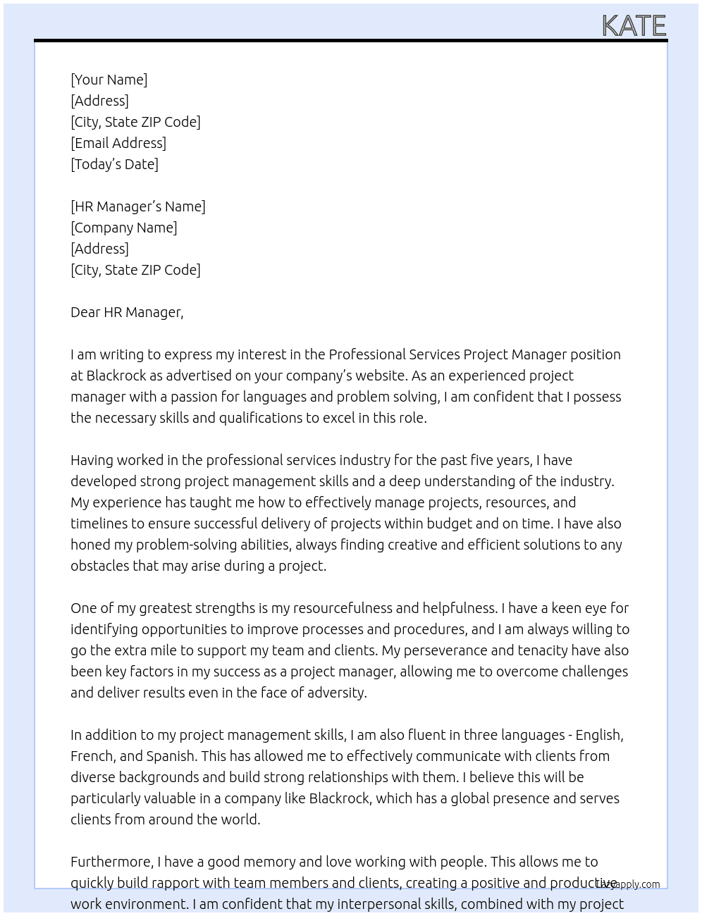Professional Services Project manager  At Blackrock Cover Letter