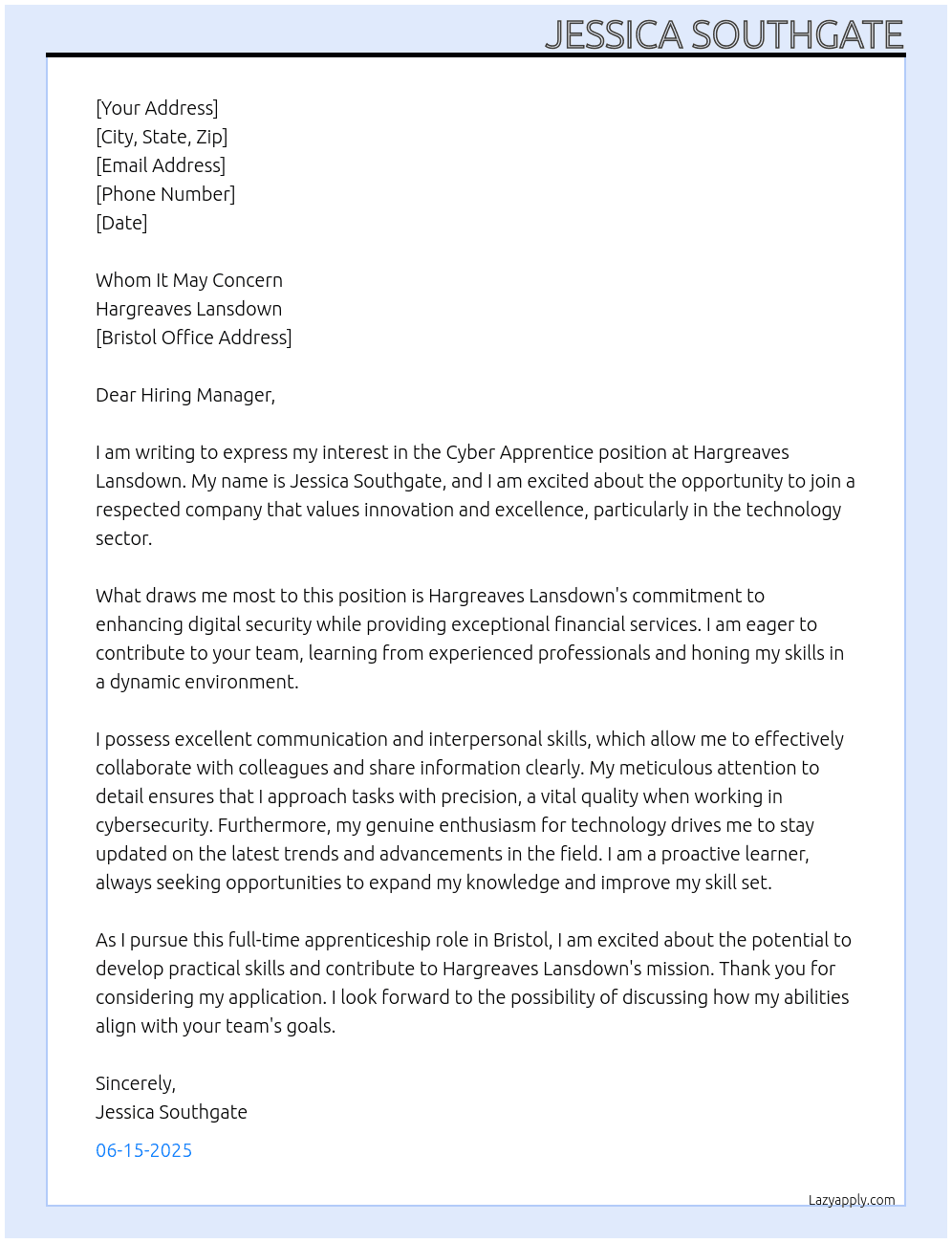 Cyber Apprentice  At Hargreaves Lansdown Cover Letter