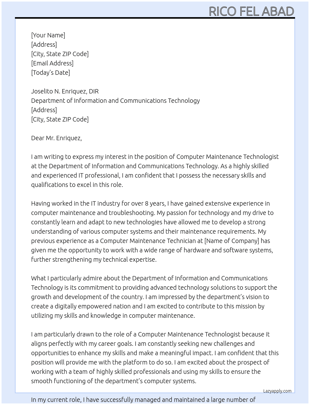 Cover letter for computer maintenance technologist - LazyApply