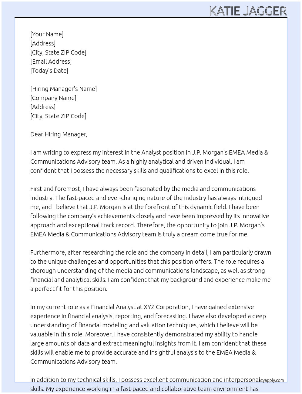 Cover letter for analyst position in j.p. morgan’s emea media & communications advisory team - LazyApply