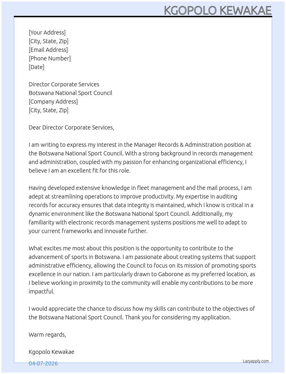 Cover letter for manager records & adminstration - LazyApply