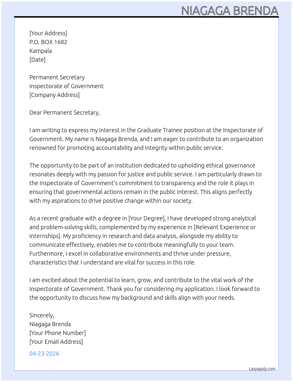 Graduate Trainee At Inspectorate of Government Cover Letter