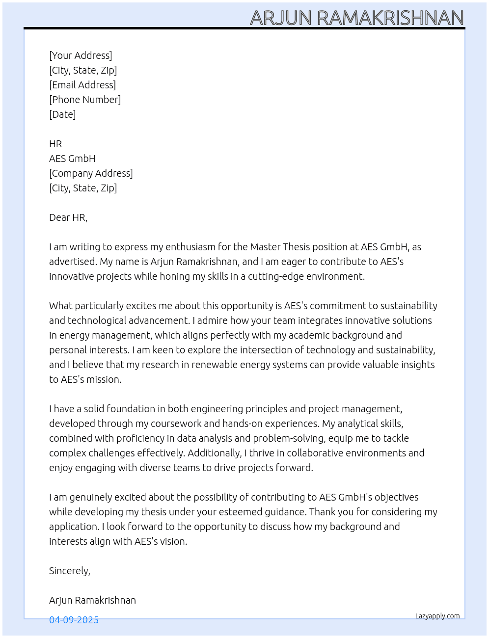 master thesis At AES gmbh Cover Letter