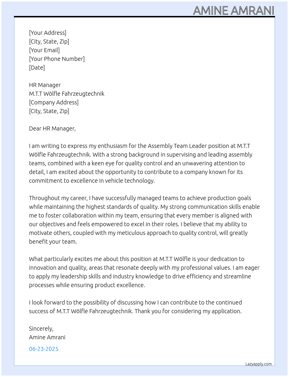 Cover letter for assembly team leader - LazyApply