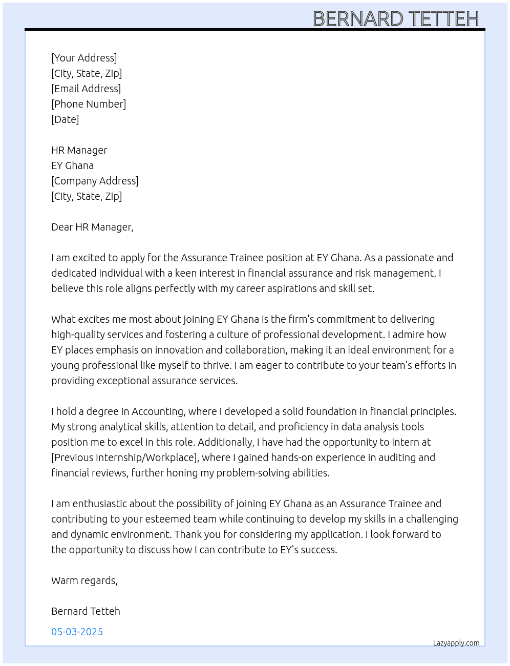 Assurance Trainee  At EY Ghana Cover Letter
