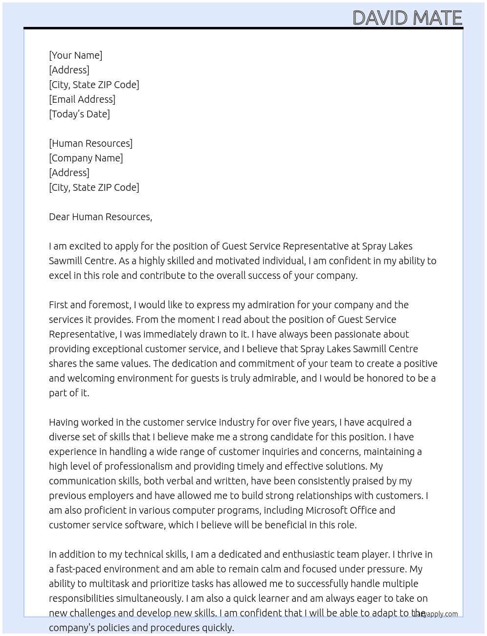 Guest Service Representative At Spray Lakes Sawmill Centre Cover Letter