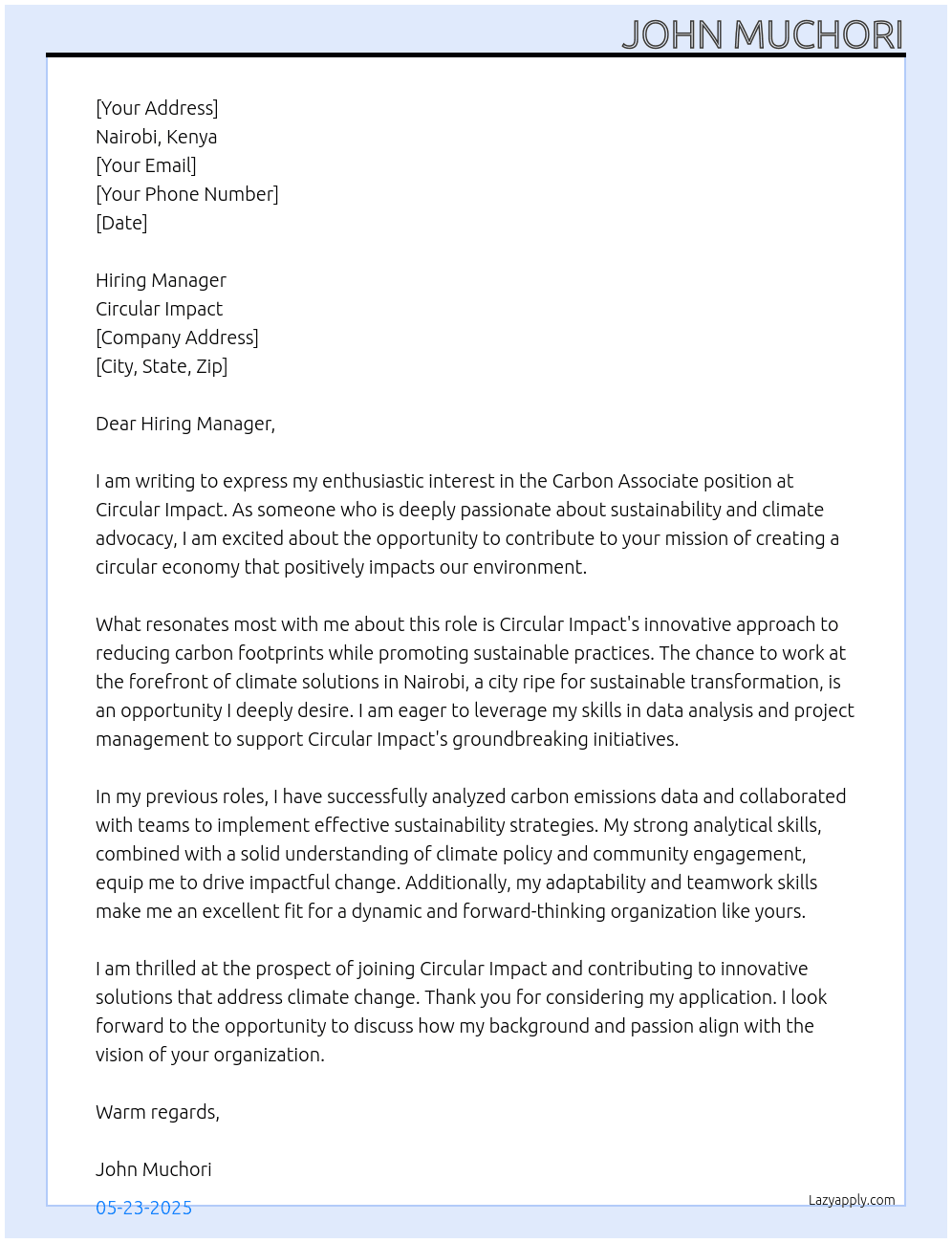 Carbon Associate At Circular Impact Cover Letter