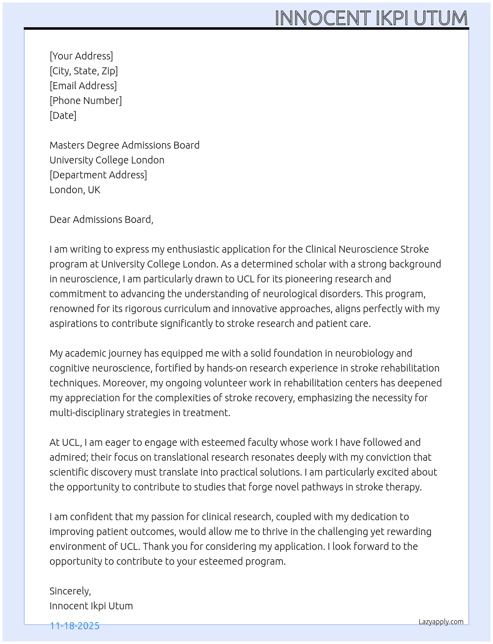 Clinical Neuroscience stroke  At University College London  Cover Letter