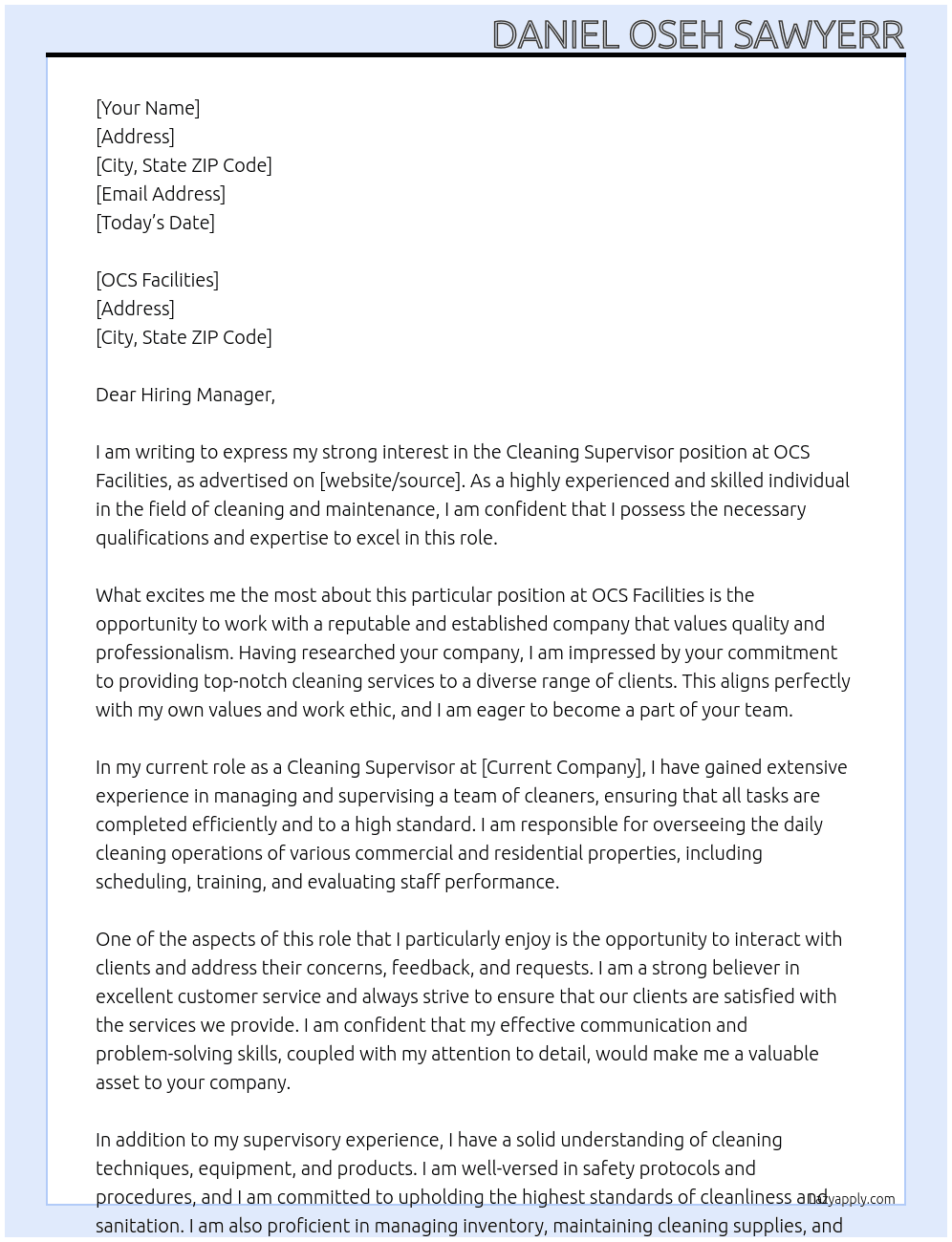 Cleaning Supervisor At Cleaning Supervisor Cover Letter