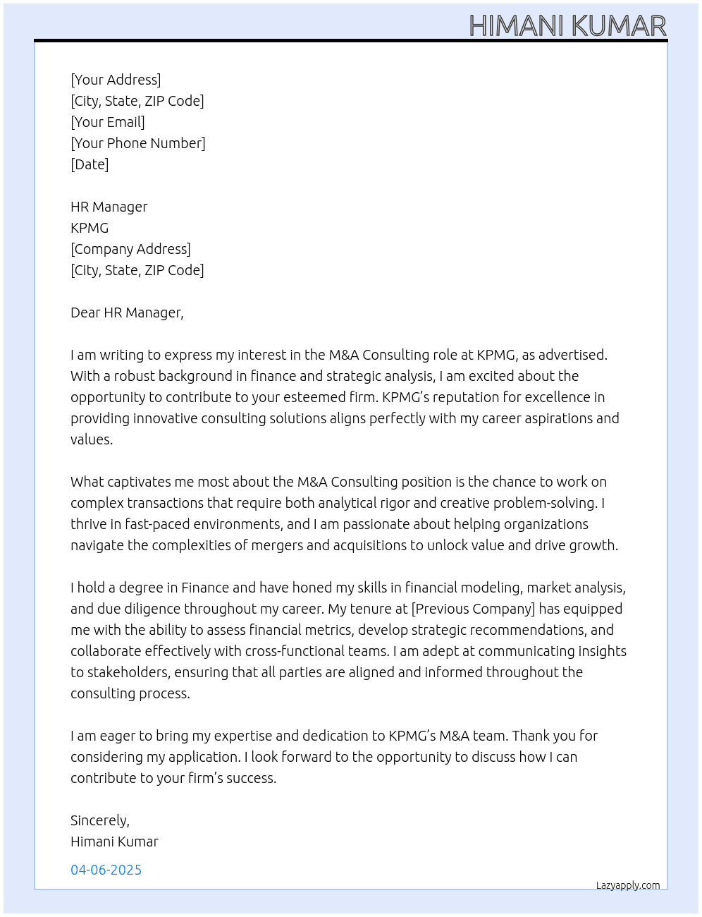 Cover letter for m&a consulting role - LazyApply
