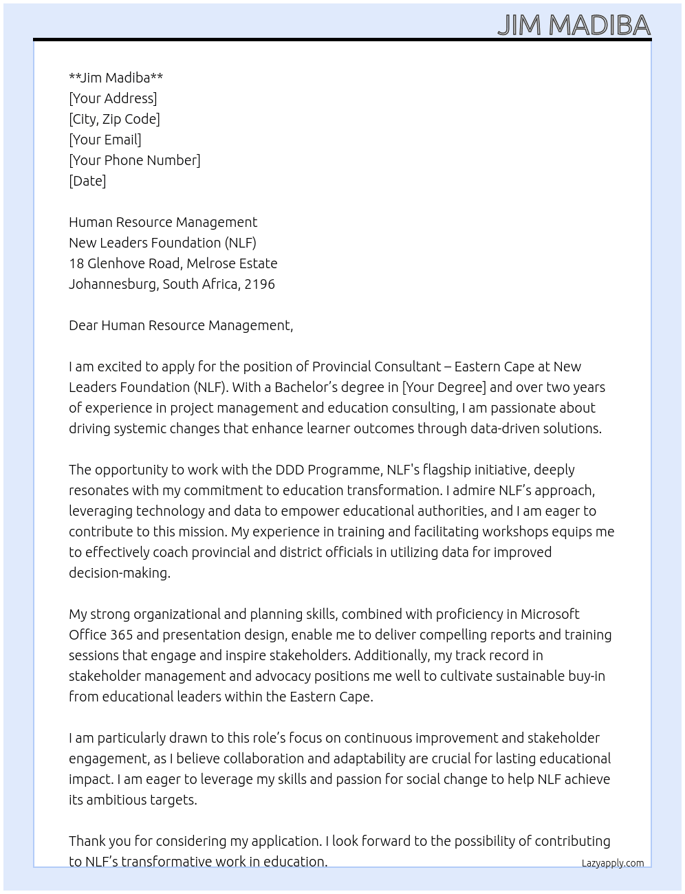 Cover letter for provincial consultant – eastern cape consultant - LazyApply