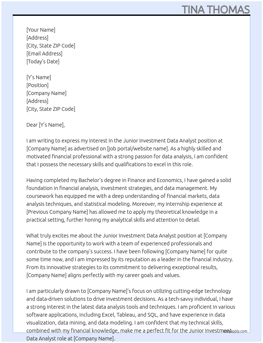 Cover letter for junior investment data analyst - LazyApply