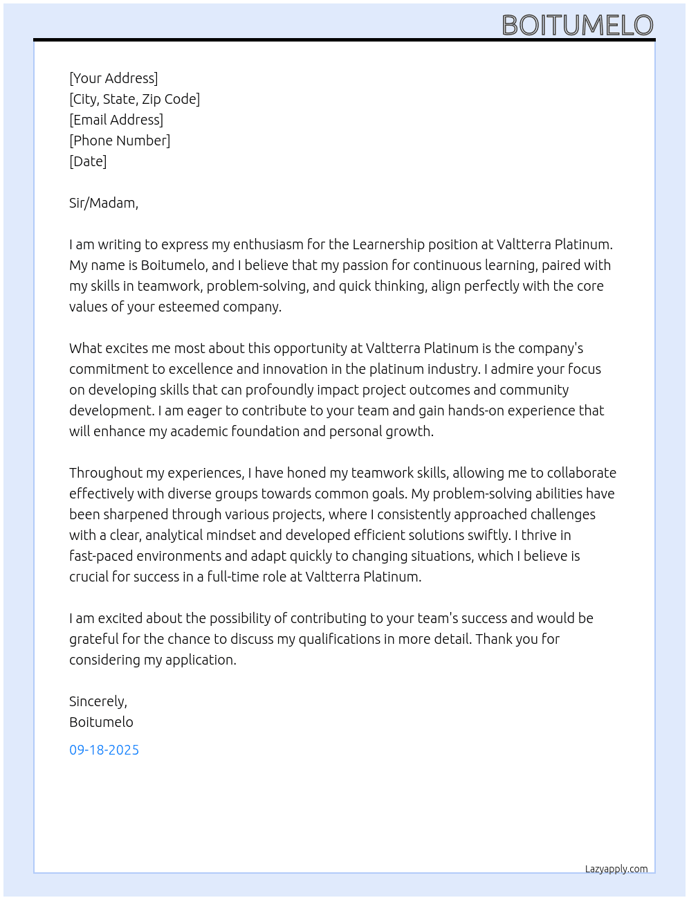 Learnership At Valtterra platinum Cover Letter