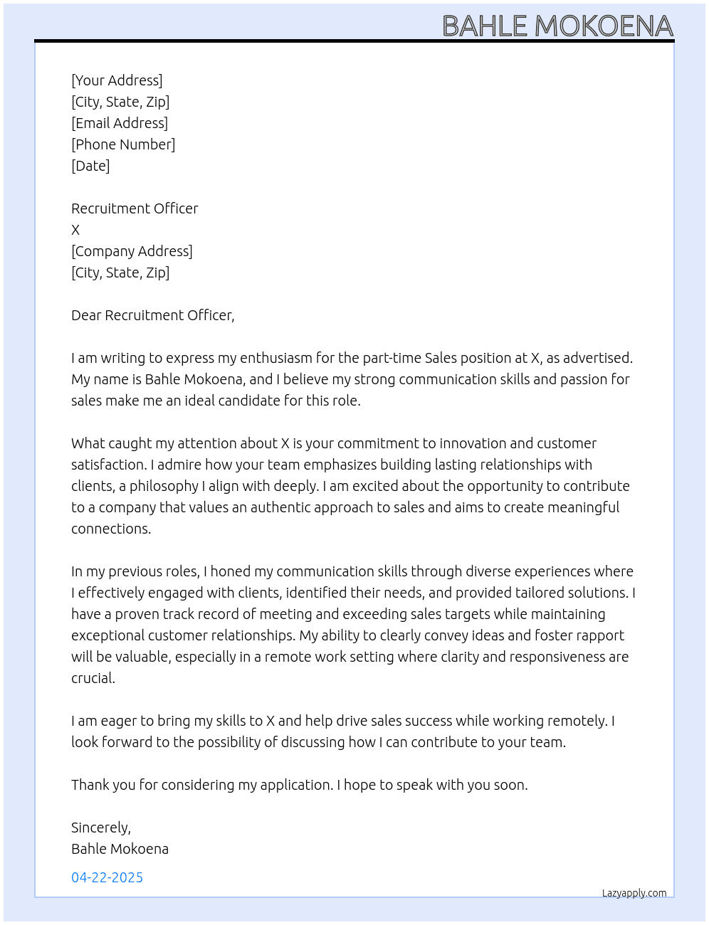Cover letter for sales incorporated - LazyApply