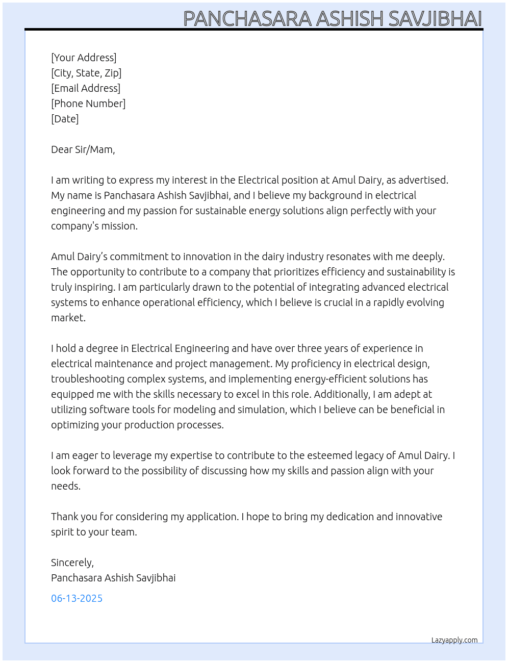 Electrical  At Amul dairy Cover Letter
