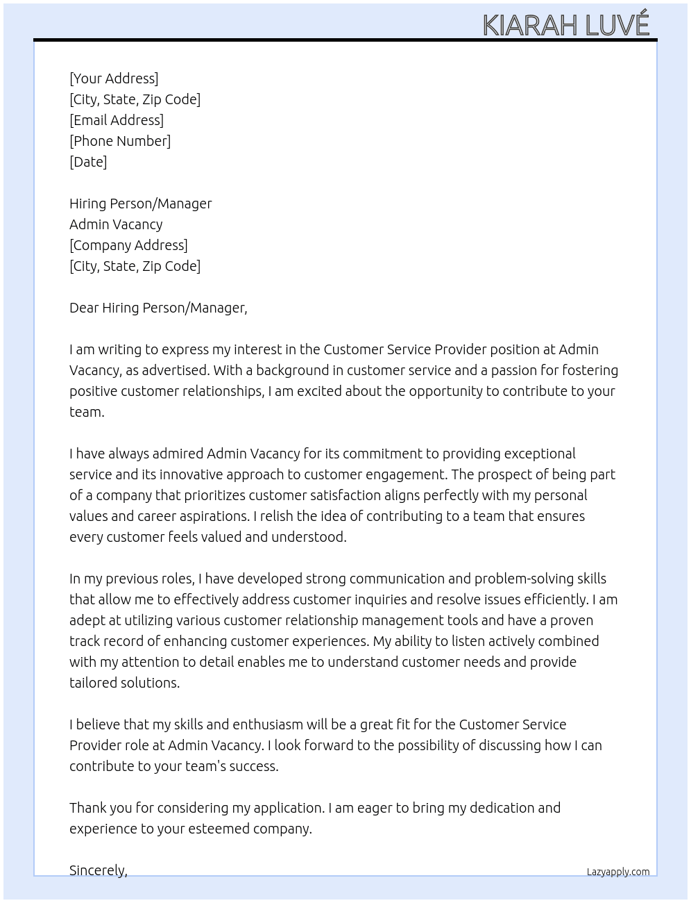 Cover letter for customer service provider - LazyApply