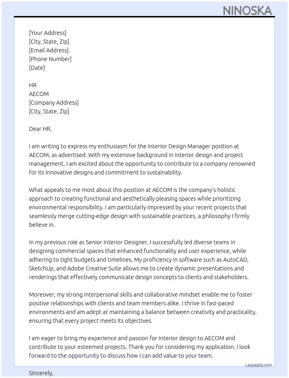 Cover letter for interior design manager - LazyApply