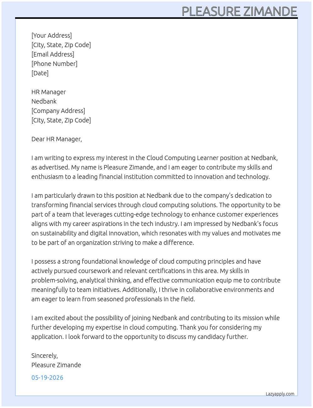 cloud computing learner At Nedbank Cover Letter