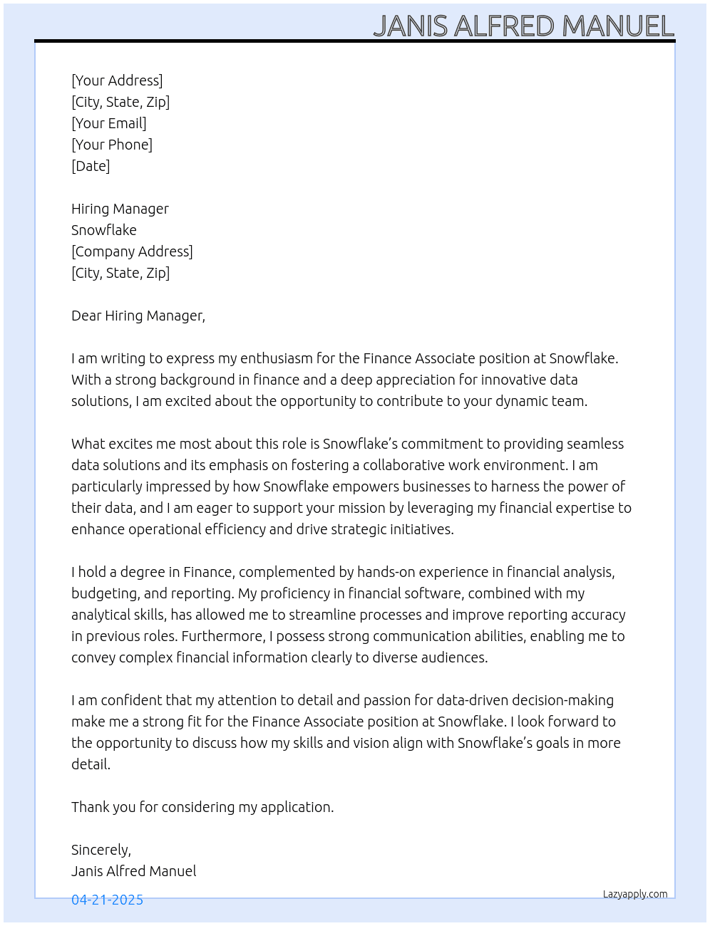 Finance Associate At Snowflake Cover Letter