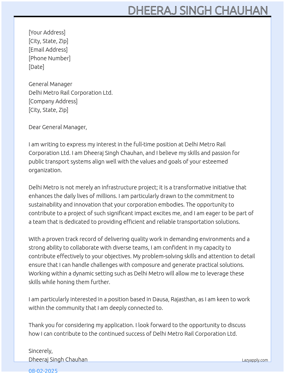Cover letter for delhi metro rail corporation - LazyApply