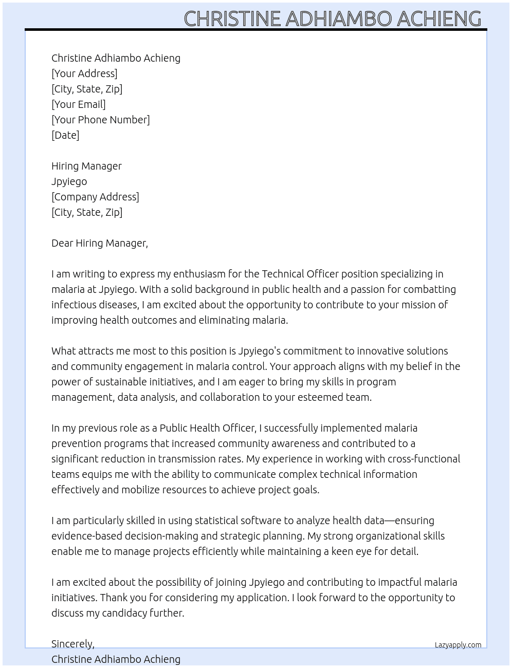 Cover letter for technical officer,malaria - LazyApply