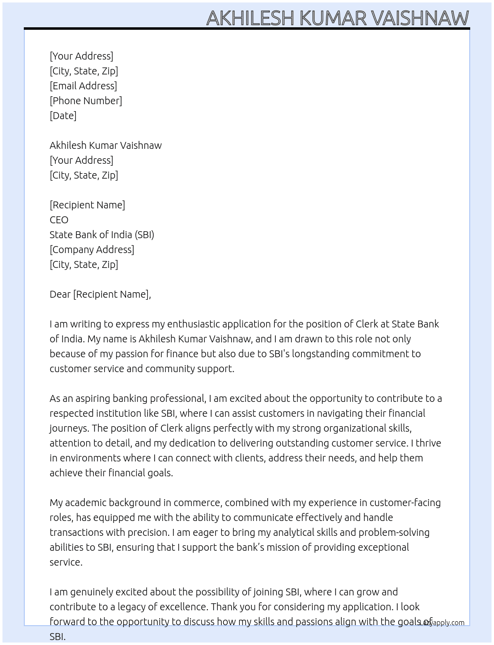 State Bank clerk  At SBI  Cover Letter