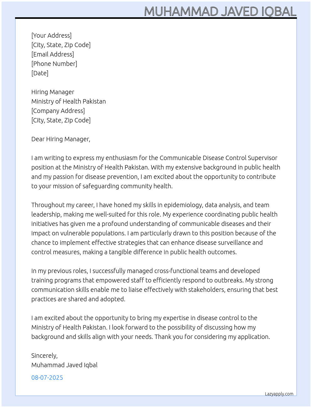 Cover letter for communicable disease control supervisor - LazyApply