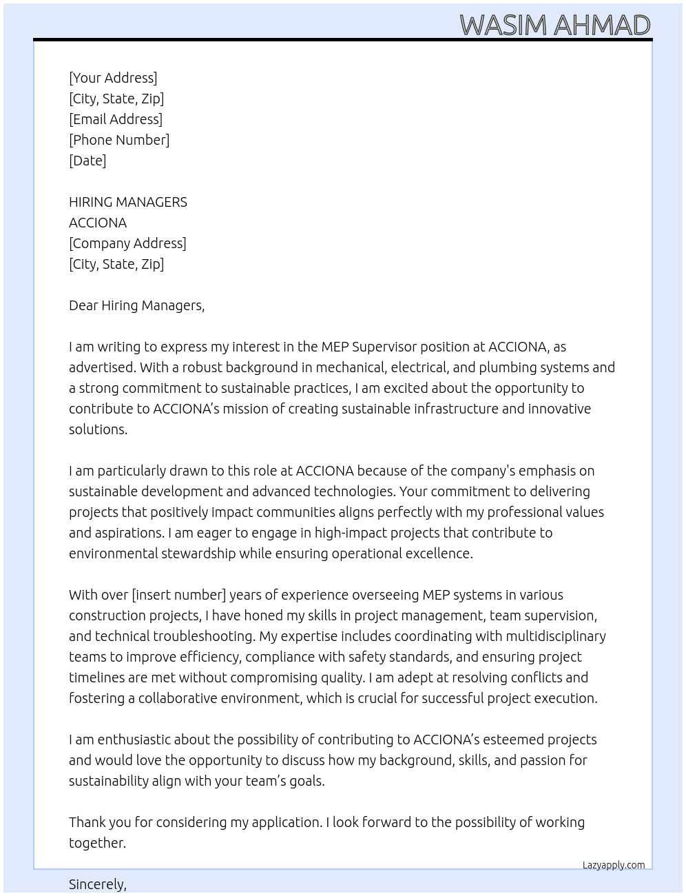 MEP SUPERVISOR At ACCIONA Cover Letter