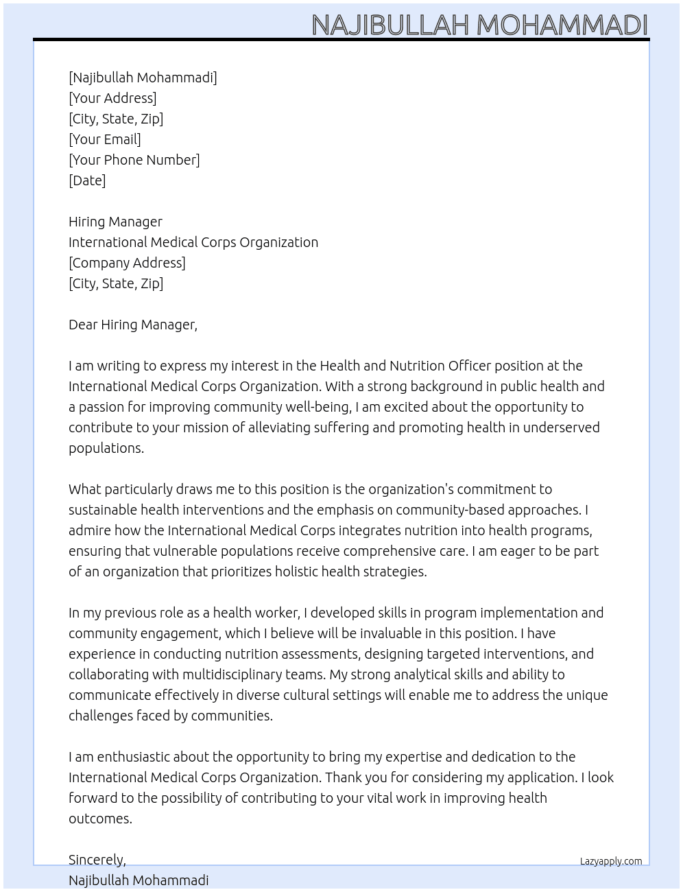 Health and Nutrition officer At International Medical Corps Organization Cover Letter