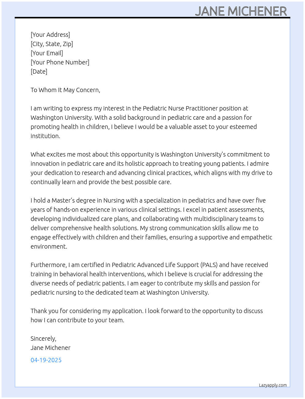 Pediatric nurse practitioner  At Washington university  Cover Letter