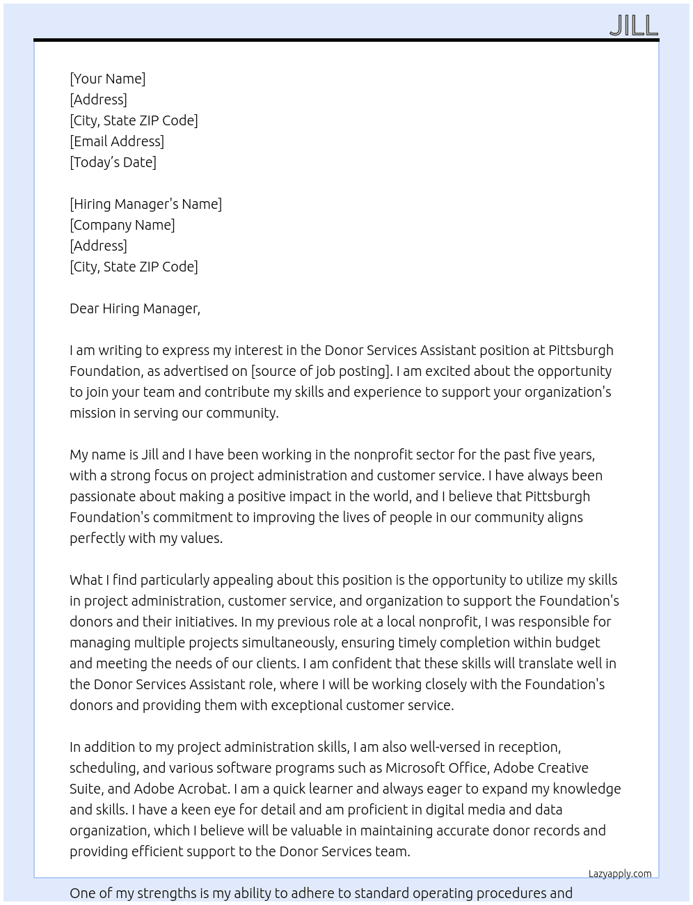 Cover letter for donor services assistant - LazyApply