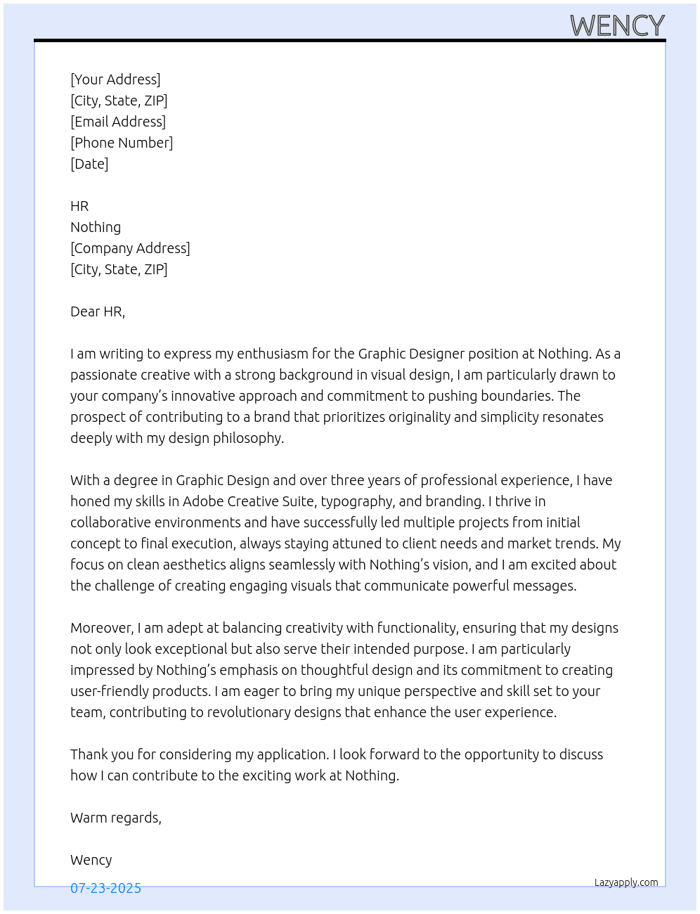 Graphic Designer At Nothing Cover Letter