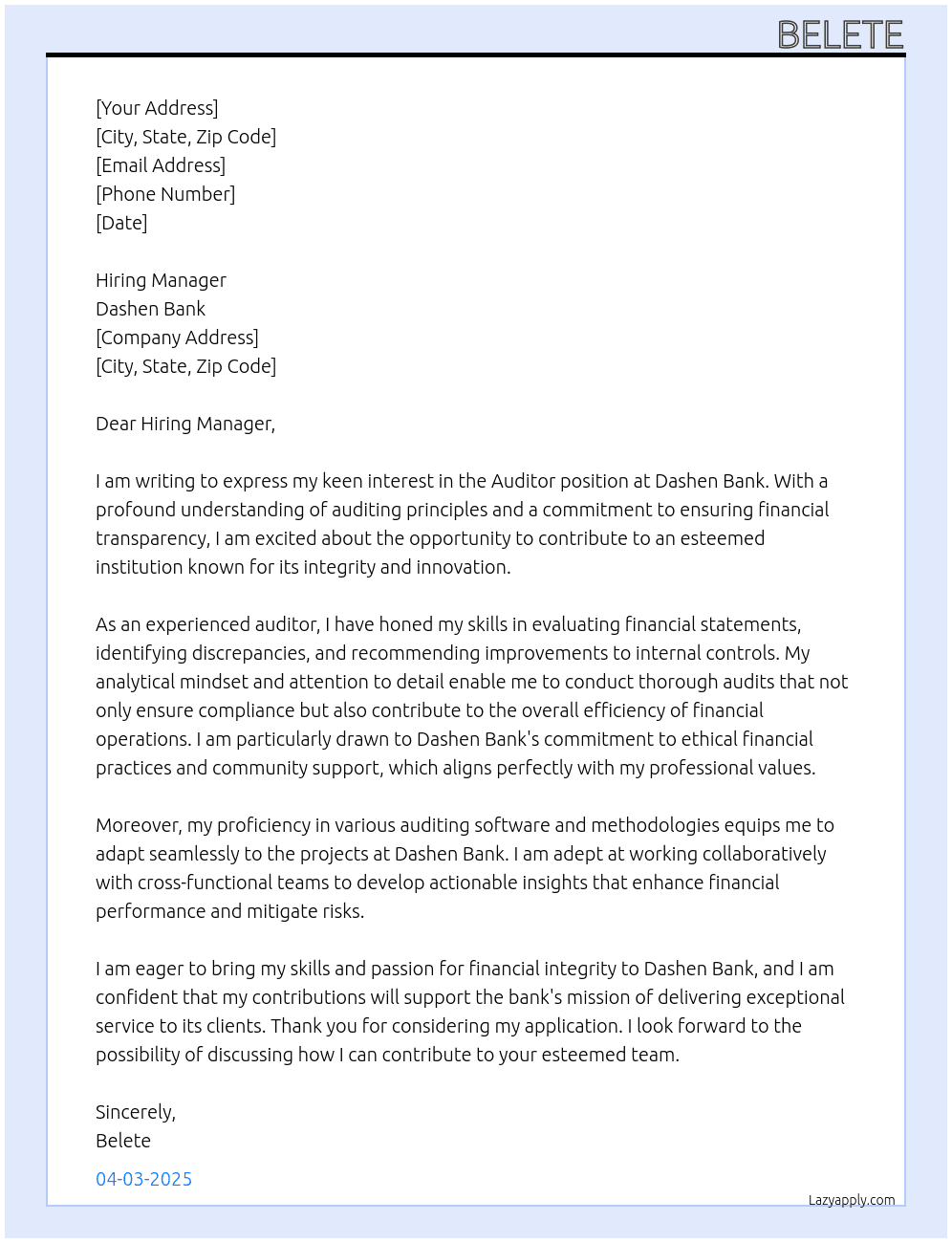 Auditor At Dashen Bank Cover Letter