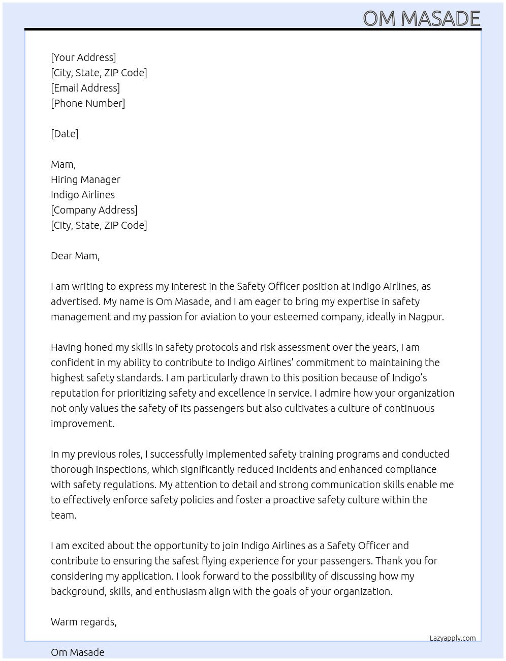 Sefty officer  At Indigo airline  Cover Letter