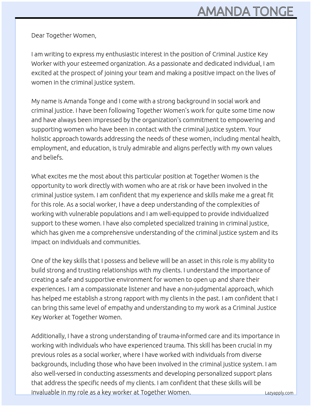 CRIMINAL JUSTICE KEY WORKER At TOGETHER WOMEN Cover Letter