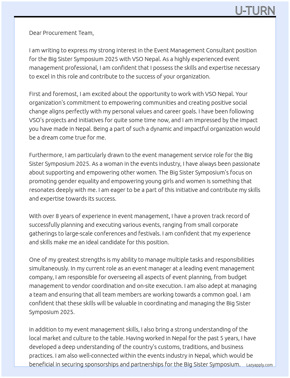 Event Management Consultant for Big Sister Symposium 2025 At VSO Nepal  Cover Letter