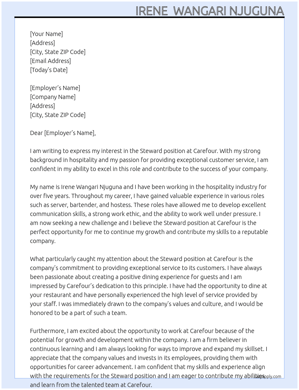 STEWARD At CAREFOUR Cover Letter