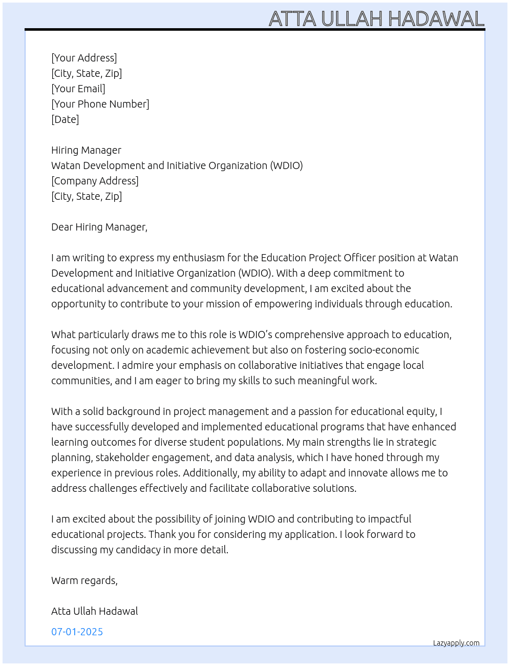 Cover letter for education project officer - LazyApply