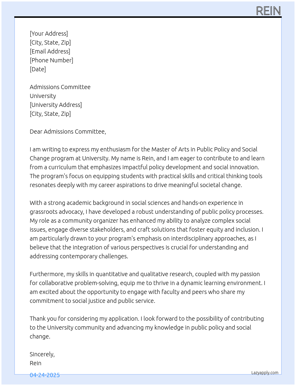 Cover letter for master of arts in public policy and social change - LazyApply