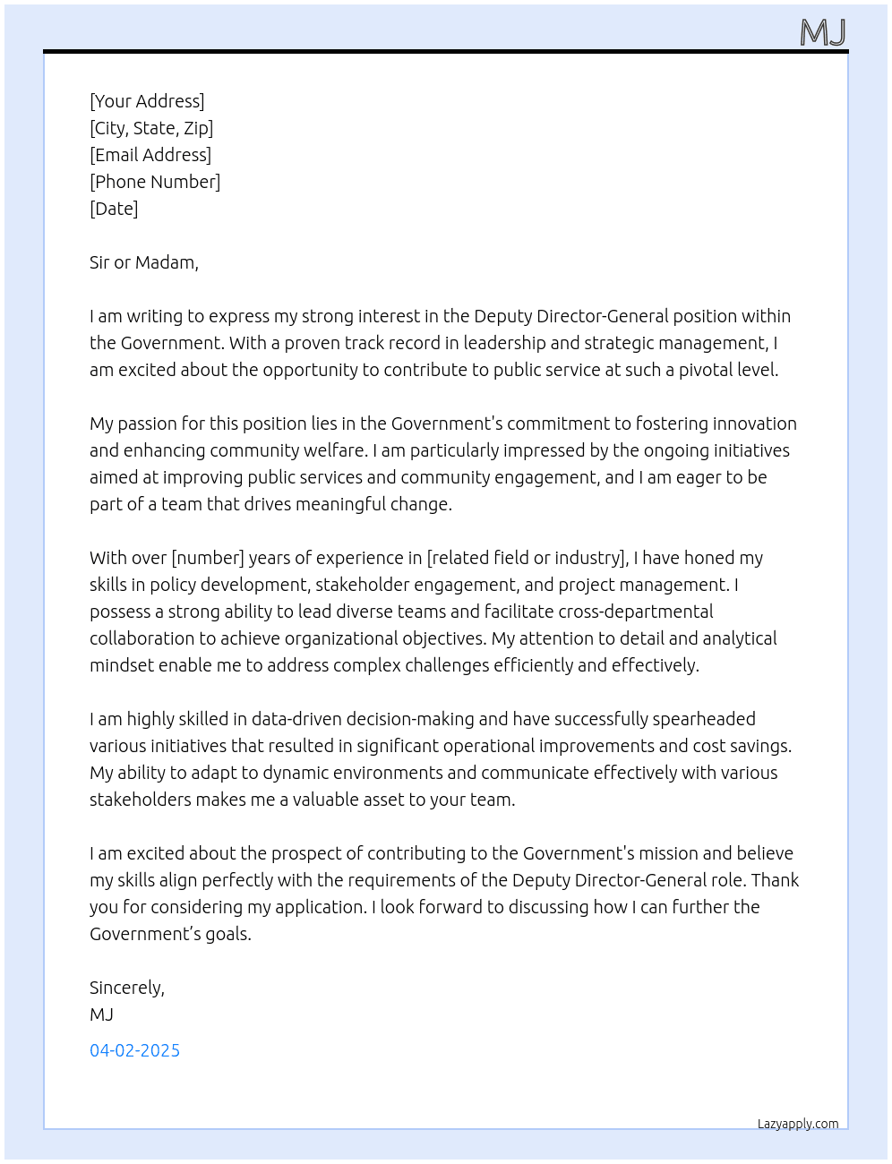 Cover letter for deputy director-general - LazyApply