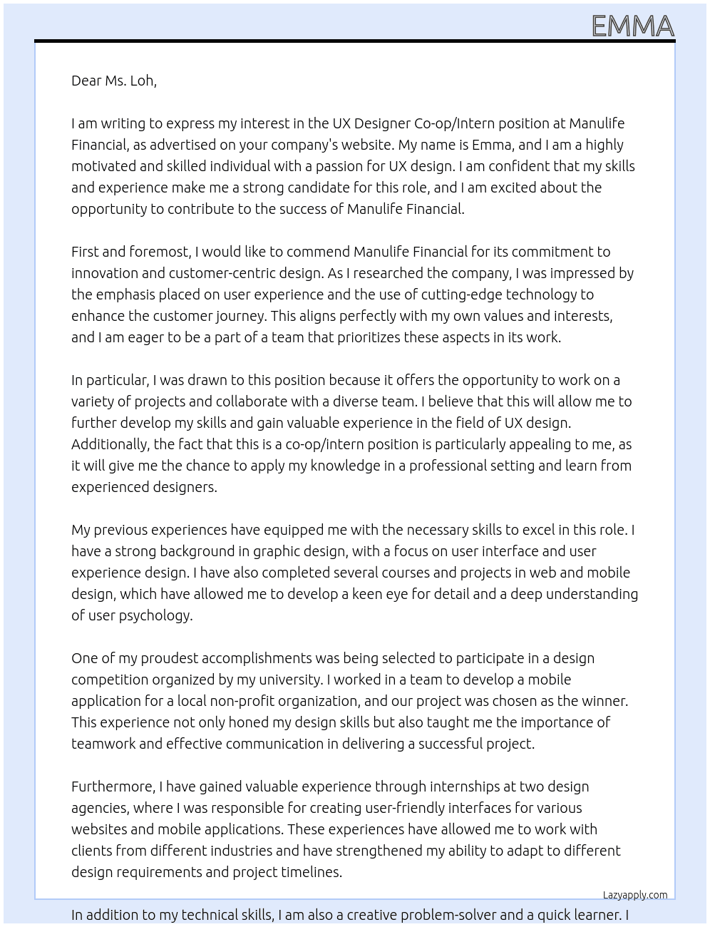 UX Designer Co-op/Intern  At Manulife Financial Cover Letter
