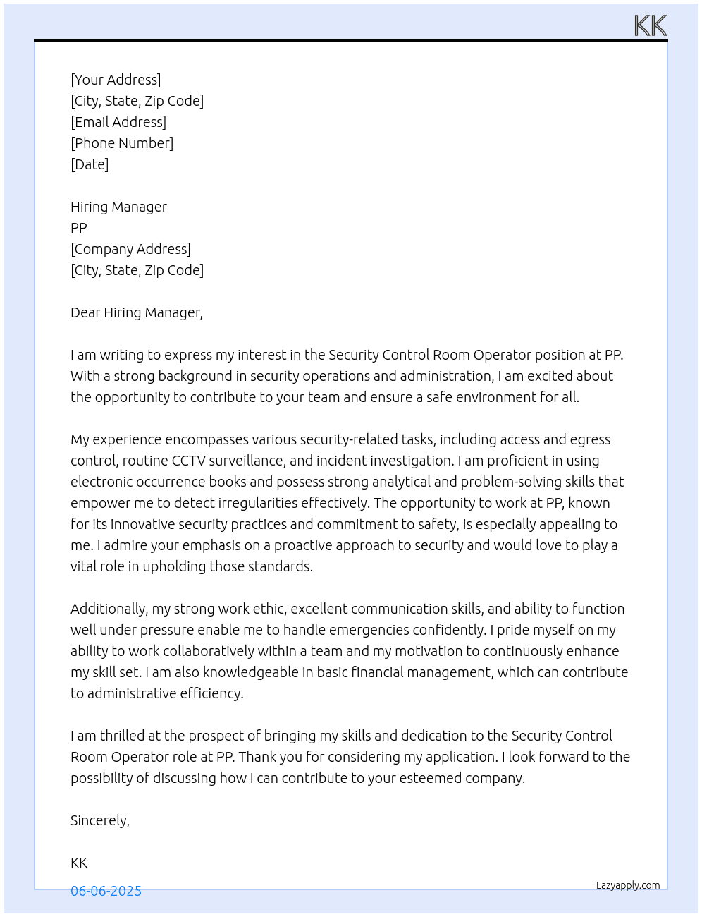 Cover letter for security control room operator - LazyApply