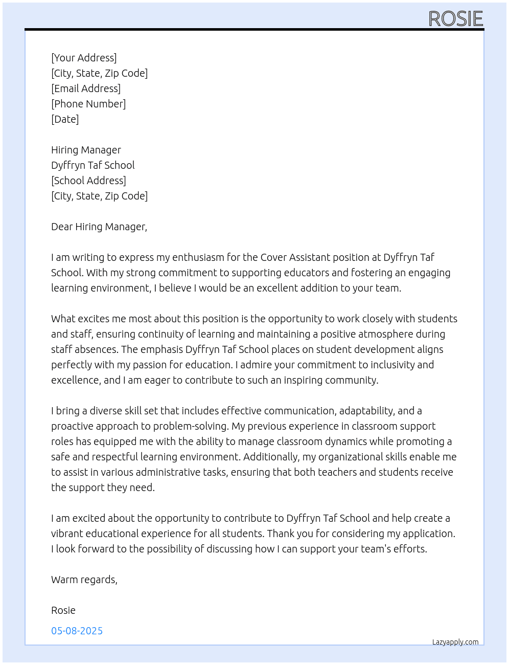 cover assistant At Dyffryn Taf School Cover Letter