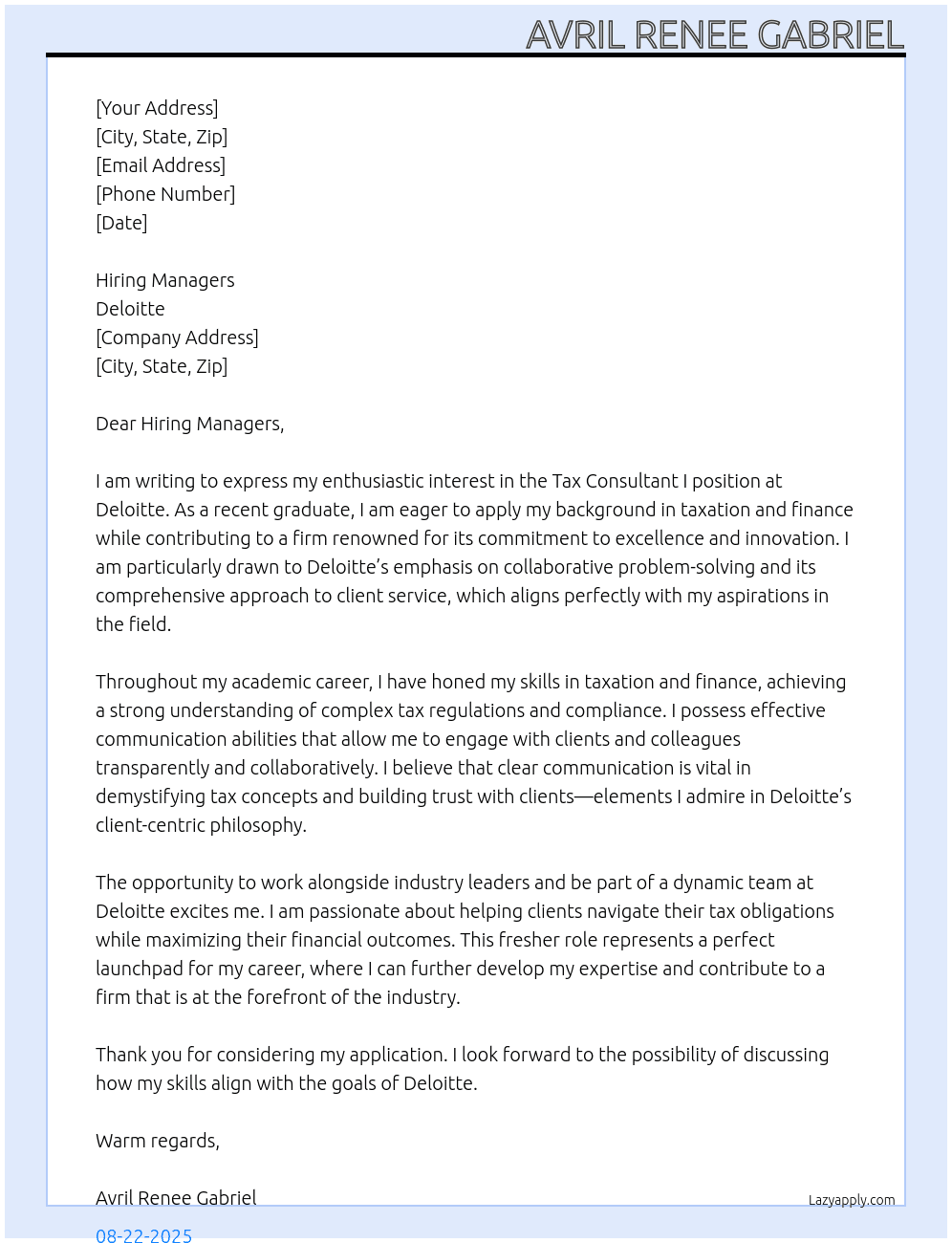 Cover letter for tax consultant l - LazyApply