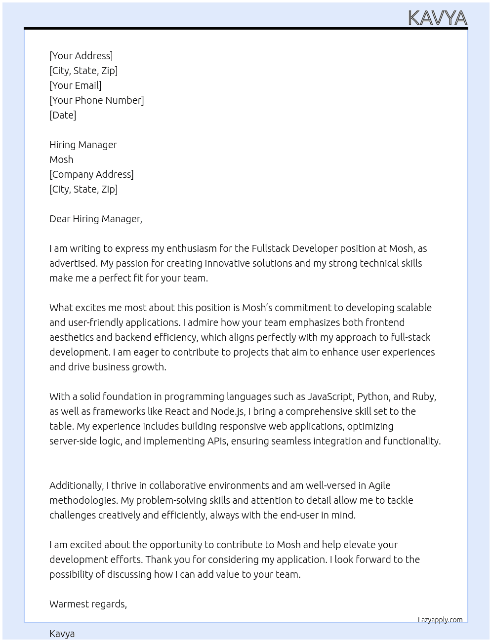 fullstack At mosh Cover Letter
