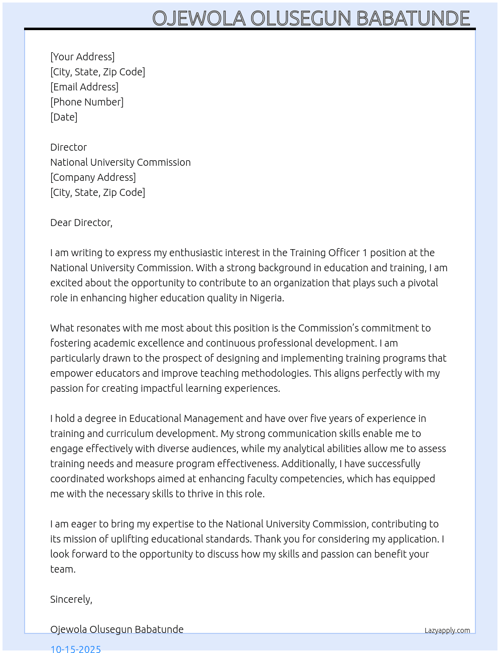 Cover letter for training officer 1 - LazyApply